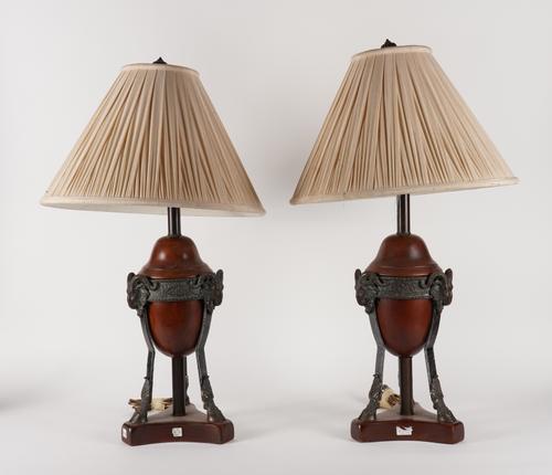 A PAIR OF NEO-CLASSICAL HARDWOOD METAL MOUNTED ANTHEHIENNE TABLE LAMPS  (2)