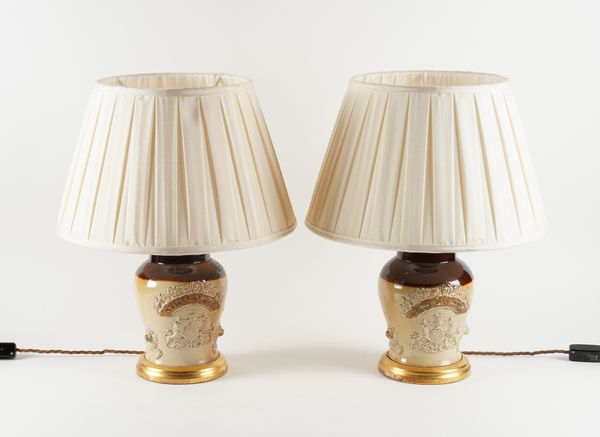 A PAIR OF DOULTON STYLE STONEWARE APOTHECARY JARS CONVERTED INTO LAMPS (2)