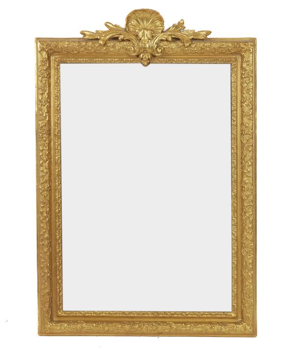 A GEORGE II STYLE GILT FRAMED RECTANGULAR WALL MIRROR (2)