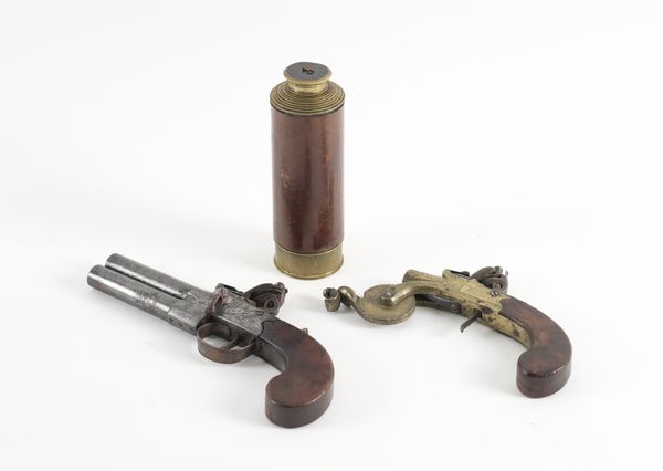 A DOUBLE-BARRELLED FLINTLOCK PISTOL, FLINTLOCK POWDER TESTER AND A TELESCOPE (3)