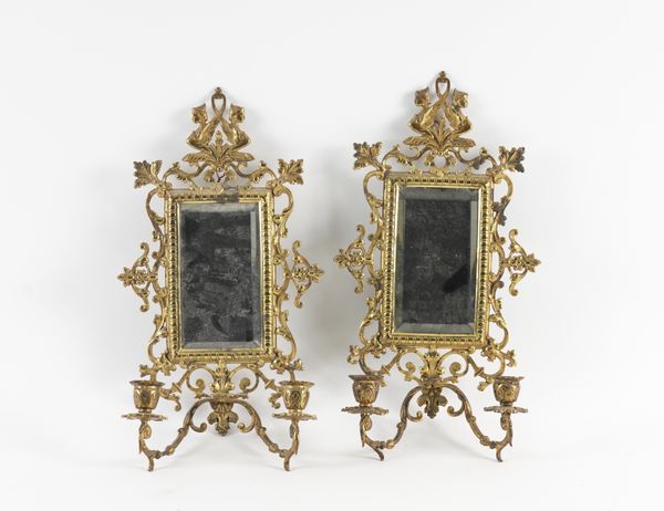 A PAIR OF GILT-BRASS REGENCE STYLE TWIN LIGHT WALL GIRANDOLES (2)