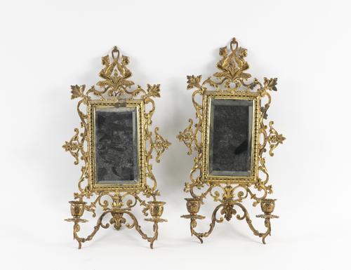 A PAIR OF GILT-BRASS REGENCE STYLE TWIN LIGHT WALL GIRANDOLES (2)