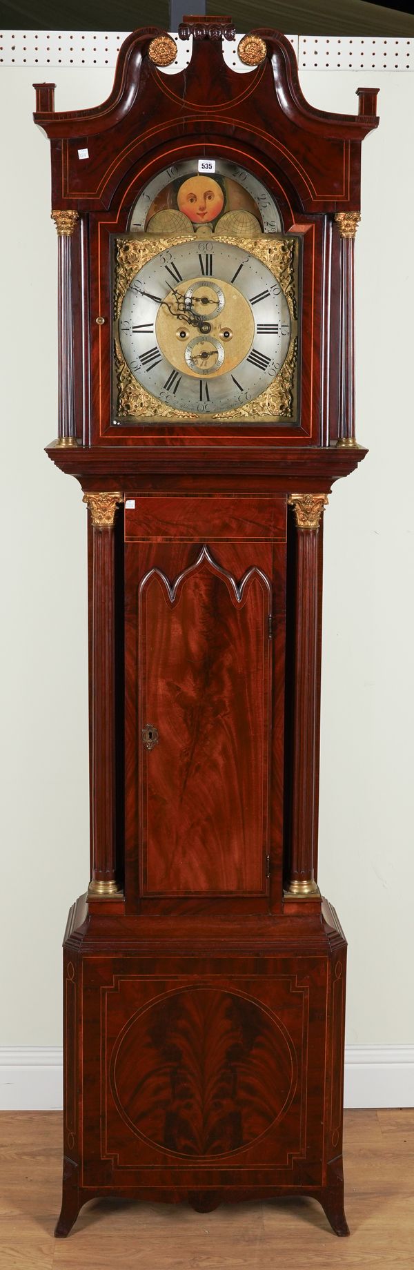 A MAHOGANY CASED LONG CASE MOON PHASE 8 DAY CLOCK