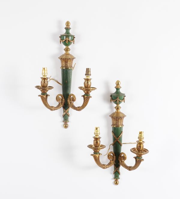 A SET OF FOUR LOUIS XVI STYLE GILT-METAL AND GREEN PAINTED TWIN-LIGHT WALL APPLIQUES (4)