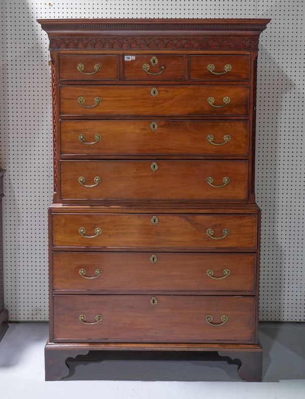 A GEORGE III MAHOGNAY NINE DRAWER CHEST ON CHEST