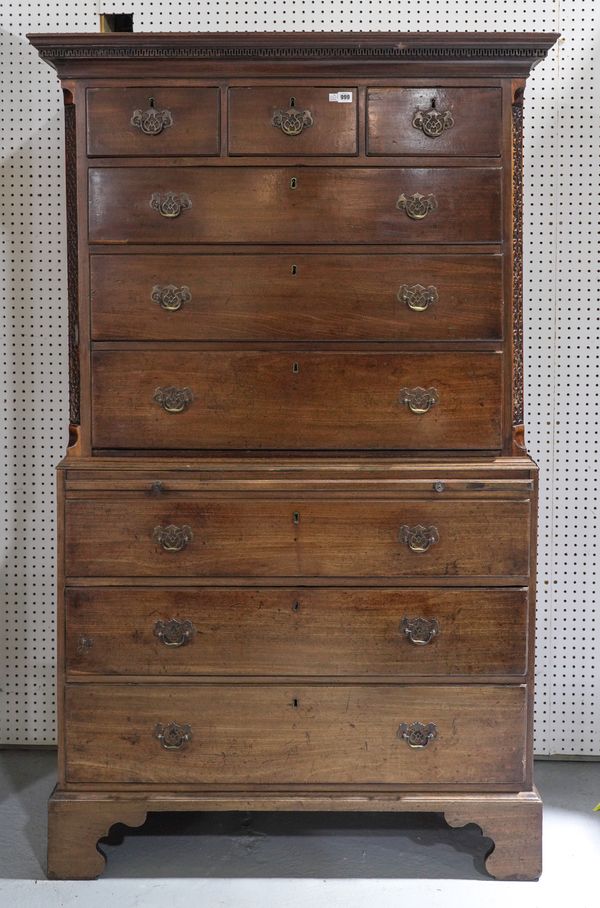 A GEORGE III MAHOGNAY NINE DRAWER CHEST ON CHEST