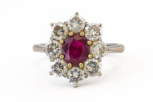 AN 18CT WHITE GOLD, RUBY AND DIAMOND NINE STONE OVAL CLUSTER RING (2)