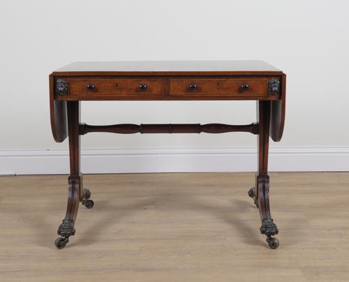 A REGENCY INLAID MAHOGANY TWO DRAWER SOFA TABLE