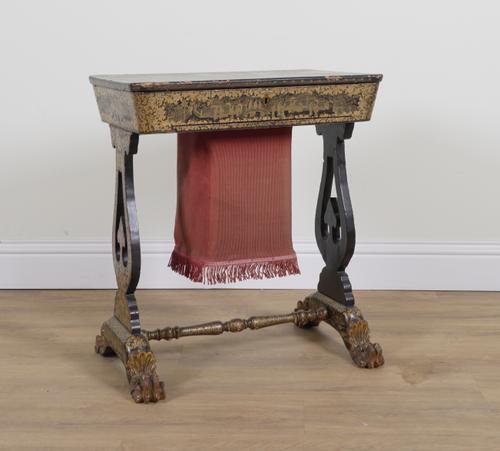 A 19TH CENTURY CHINESE EXPORT CHINOISERIE DECORATED WORK TABLE