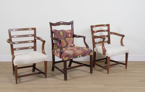 A PAIR OF GEORGE III AND LATER MAHOGANY LADDER BACK OPEN ARMCHAIRS (3)