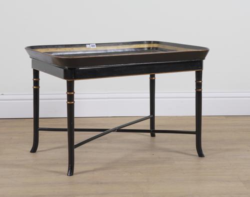 A LATE 19TH CENTURY PAPIER MACHE PARCEL GILT DECORATED TRAY ON STAND