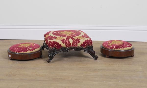 A VICTORIAN EBONISED SHAPED RECTANGULAR LOW FOOTSTOOL (3)