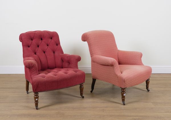 A PAIR OF LATE VICTORIAN ARMCHAIRS (DIFFERENT UPHOLSTERY) (2)