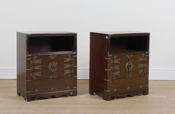 A PAIR OF 20TH CENTURY METAL BOUND EASTERN HARDWOOD BEDSIDE TABLES (2)