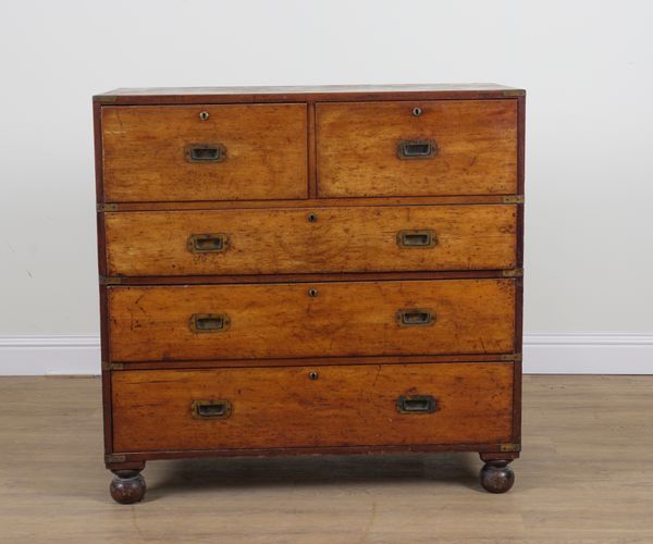 A 19TH CENTURY BRASS BOUND MAHOGANY CAMPAIGN TWO PART FIVE DRAWER CHEST