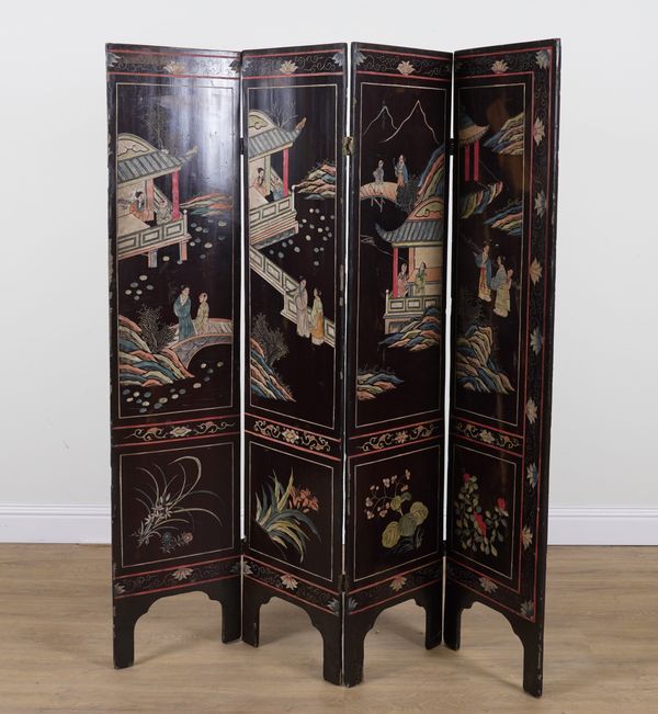 A LATE 19TH CENTURY JAPANESE LACQUERED FOUR FOLD DRAFT SCREEN