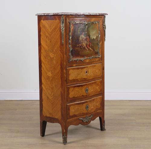 A 19TH CENTURY FRENCH VERNIS MARTIN DECORATED MARBLE TOPPED ESCRITOIRE