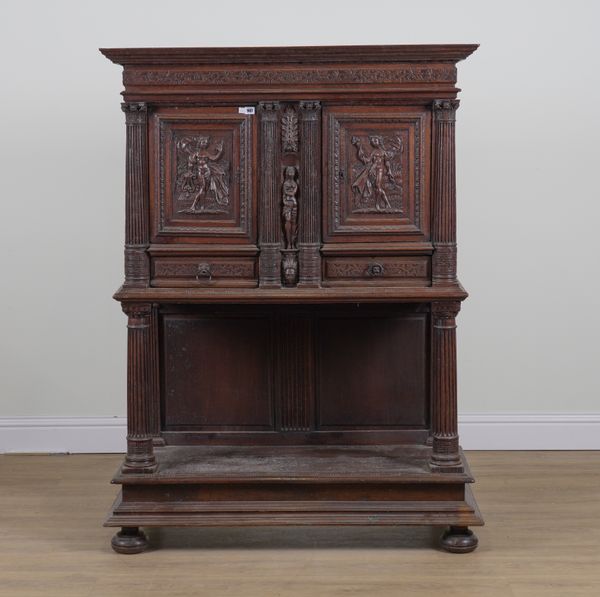 A 17TH CENTURY OAK CABINET ON STAND