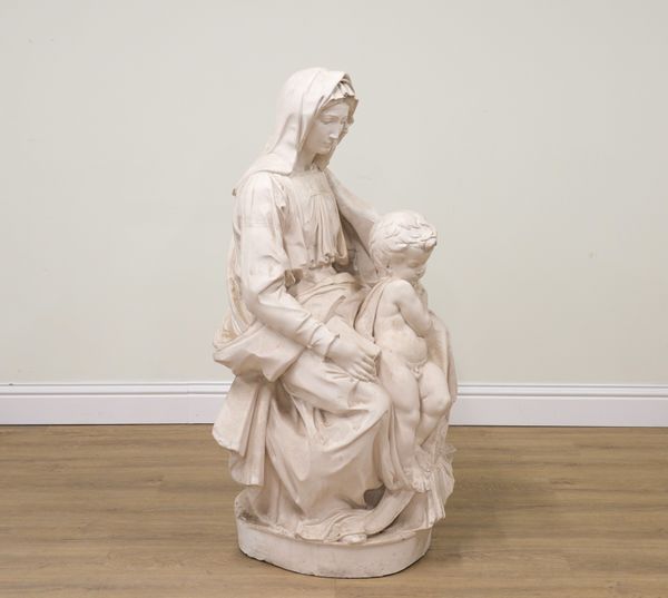 AFTER BUONARROTI MICHELANGELO: A LARGE PLASTER COVERED FIGURE GROUP OF THE MADONNA AND CHILD OR THE MADONNA OF BRUGES