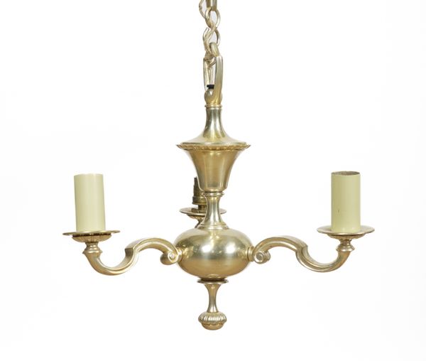 A PAIR OF QUEEN ANNE STYLE SILVERED METAL THREE LIGHT CHANDELIERS AND ANOTHER (3)