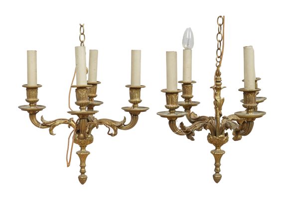 A PAIR OF FRENCH ORMOLU FOUR BRANCH CHANDELIERS (2)