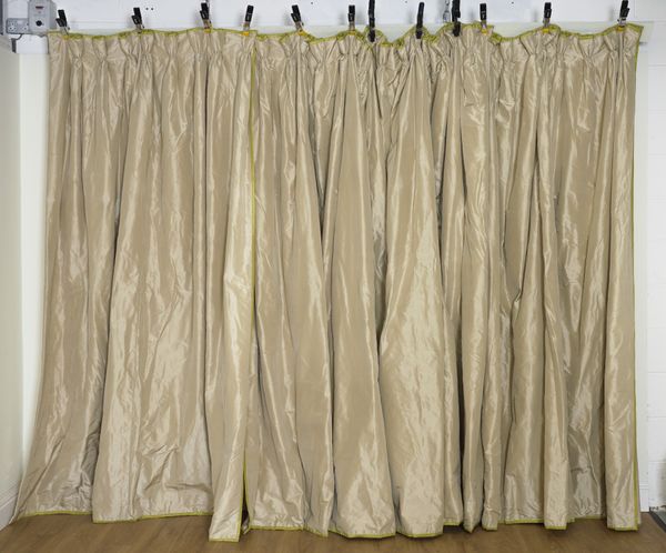 TWO PAIRS OF COLEFAX & FOWLER BEIGE AND CONTRASTING GREEN TRIMMED SILK CURTAINS (4)