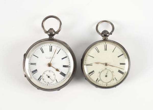 TWO SILVER OPENFACED POCKET WATCHES AND A SILVER WATCH CHAIN (3)