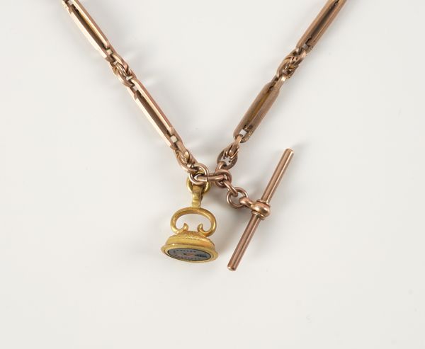 A 9CT GOLD WATCH ALBERT CHAIN