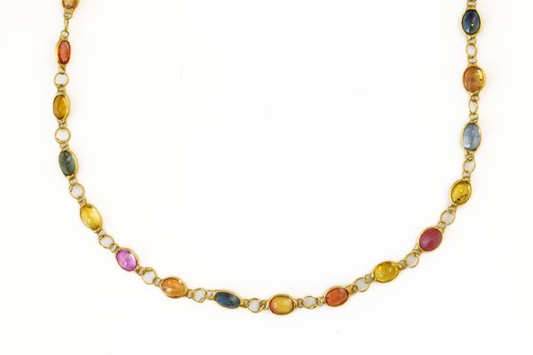 A LONG MULTI COLOURED SAPPHIRE NECKLACE