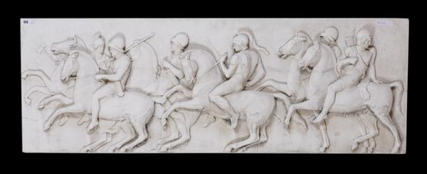 A PLASTER RELIEF FRIEZE OR PANEL OF CAVALRY IN PROCESSION