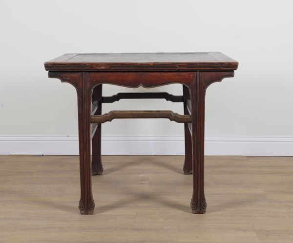 A 19TH CENTURY CHINESE EXPORT ELM TOPPED RECTANGULAR ALTAR TABLE