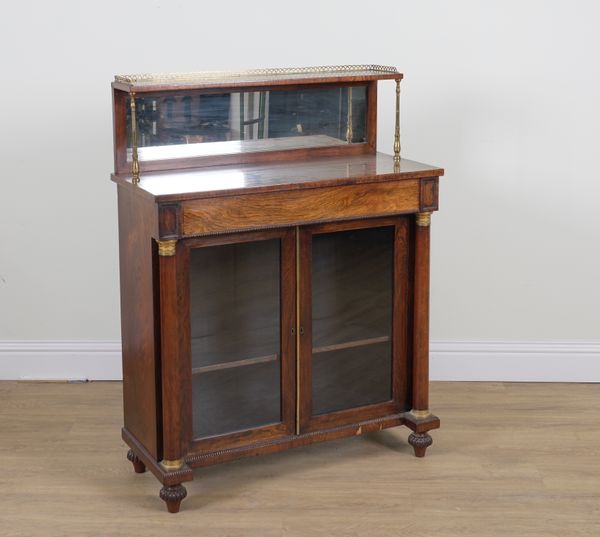 A REGENCY ROSEWOOD GILT METAL MOUNTED SHELF BACK CHIFFONIER WITH TURNED COLUMNS