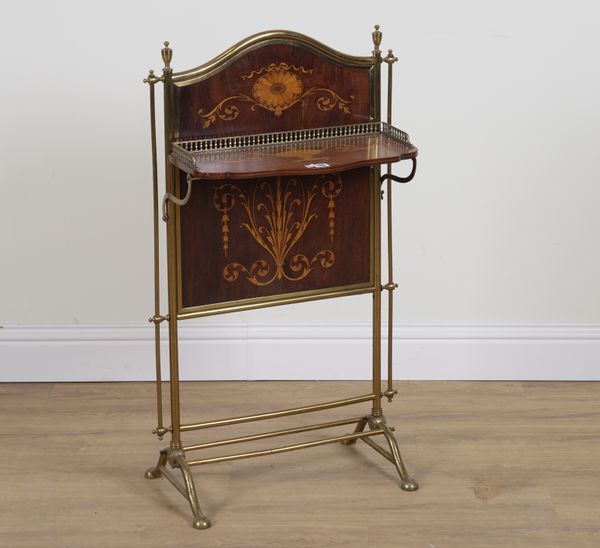 IN THE MANNER OF JAS SHOOLBRED; A BRASS INLAID MAHOGANY SHELF MOUNTED SCREEN