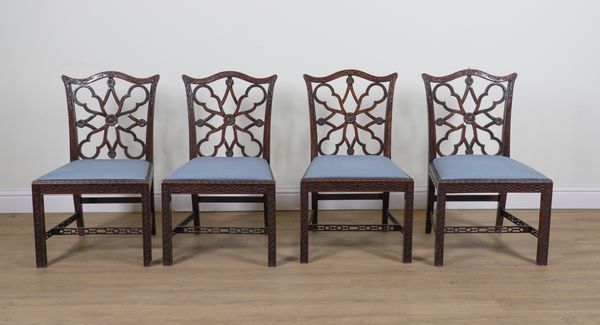 A SET OF FOUR MID 18TH CENTURY STYLE CARVED MAHOGANY DINING CHAIRS