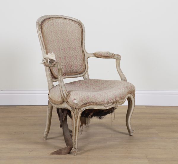 AN 18TH CENTURY FRENCH WHITE PAINTED OPEN ARMCHAIR