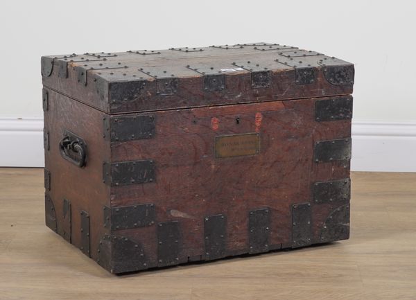 AN EARLY 19TH CENTURY IRON BOUND OAK SILVER CHEST