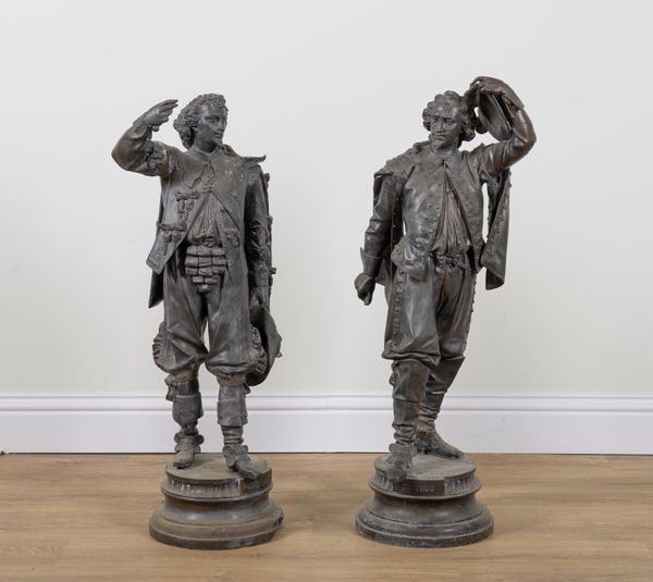 A PAIR OF FRENCH CAST SPELTER FIGURES OF STANDING CAVALIERS (2)