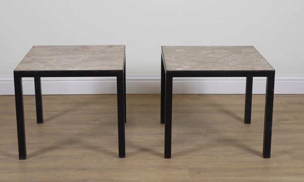 A PAIR OF MARBLE TOPPED SQUARE SIDE TABLES (2)