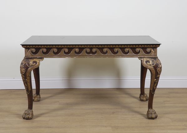 A GEORGE II STYLE PARCEL GILT CARVED MAHOGANY RECTANGULAR CENTRE TABLE