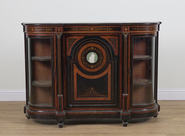 AN EARLY VICTORIAN WALNUT INLAID EBONISED CREDENZA