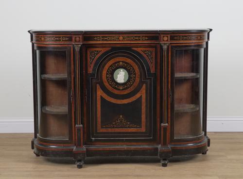 AN EARLY VICTORIAN WALNUT INLAID EBONISED CREDENZA