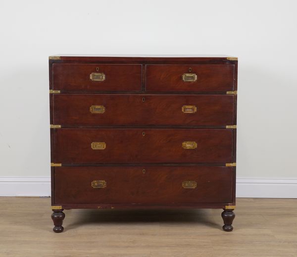 A BRASS BOUND MAHOGANY CAMPAIGN STYLE FIVE DRAWER CHEST