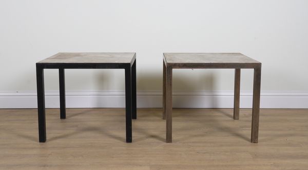 A PAIR OF MARBLE TOPPED SQUARE SIDE TABLES (2)