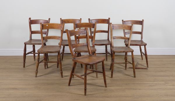 A MATCHED SET OF EIGHT VICTORIAN ELM SEATED BAR BACK SCULLERY CHAIRS (8)