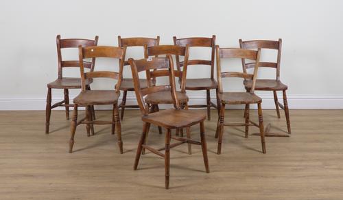 A MATCHED SET OF EIGHT VICTORIAN ELM SEATED BAR BACK SCULLERY CHAIRS (8)