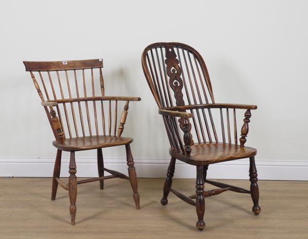 AN ASH AND ELM COMB BACK OPEN ARMCHAIR (2)