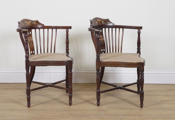 A NEAR PAIR OF EDWARDIAN INLAID MAHOGANY SHAPED CORNER CHAIRS (2)