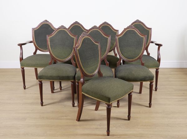 A SET OF EIGHT 19TH CENTURY MAHOGANY UPHOLSTERED SHIELD BACK DINING CHAIRS (8)