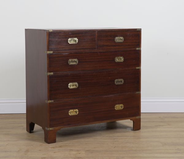 A BRASS BOUND MAHOGANY CAMPAIGN STYLE FIVE DRAWER CHEST