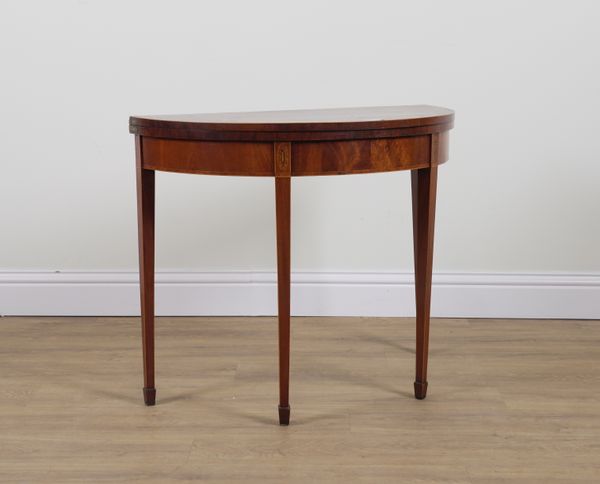 A GEORGE III MAHOGANY DEMI-LUNE FOLDOVER CARD TABLE